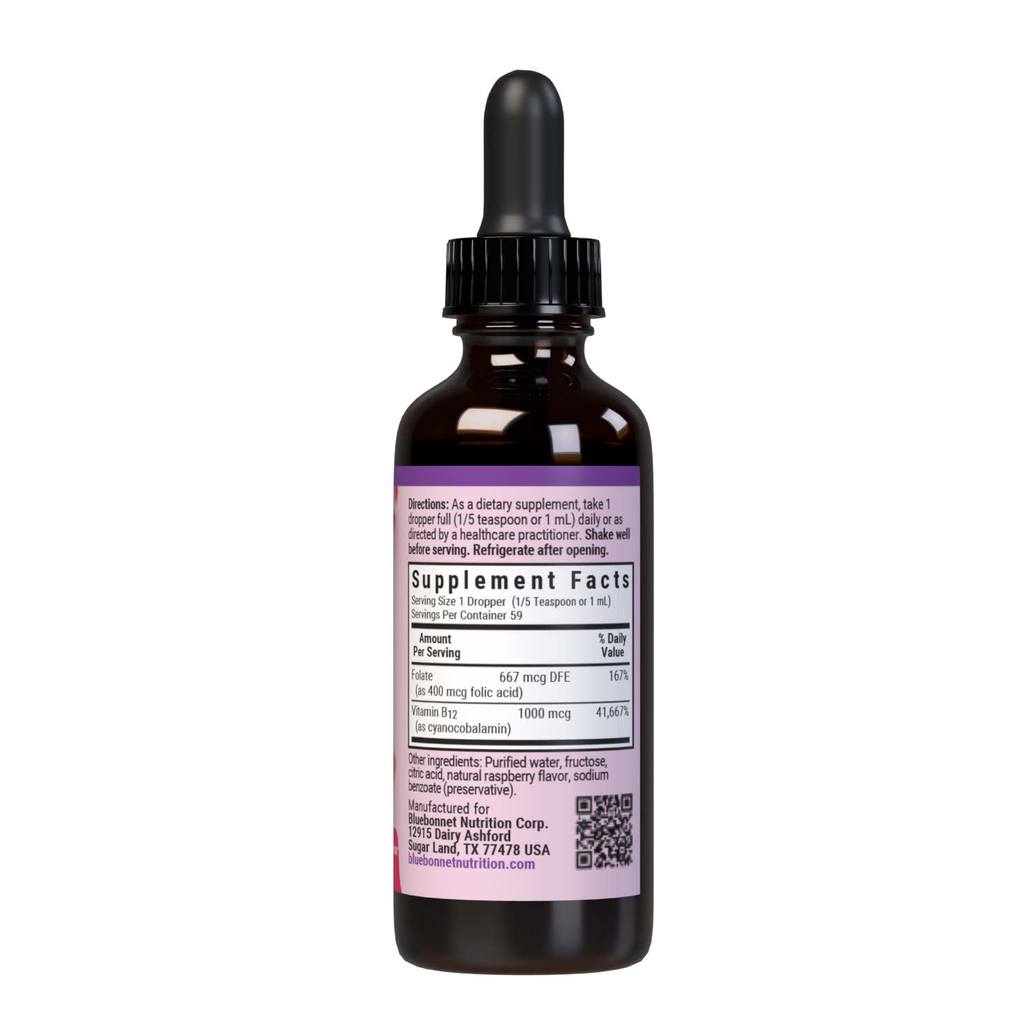 Bluebonnet - Liquid Vitamin B-12 & Folic Acid Natural Raspberry - 2 oz — original manufacturer facts and ingredients panel