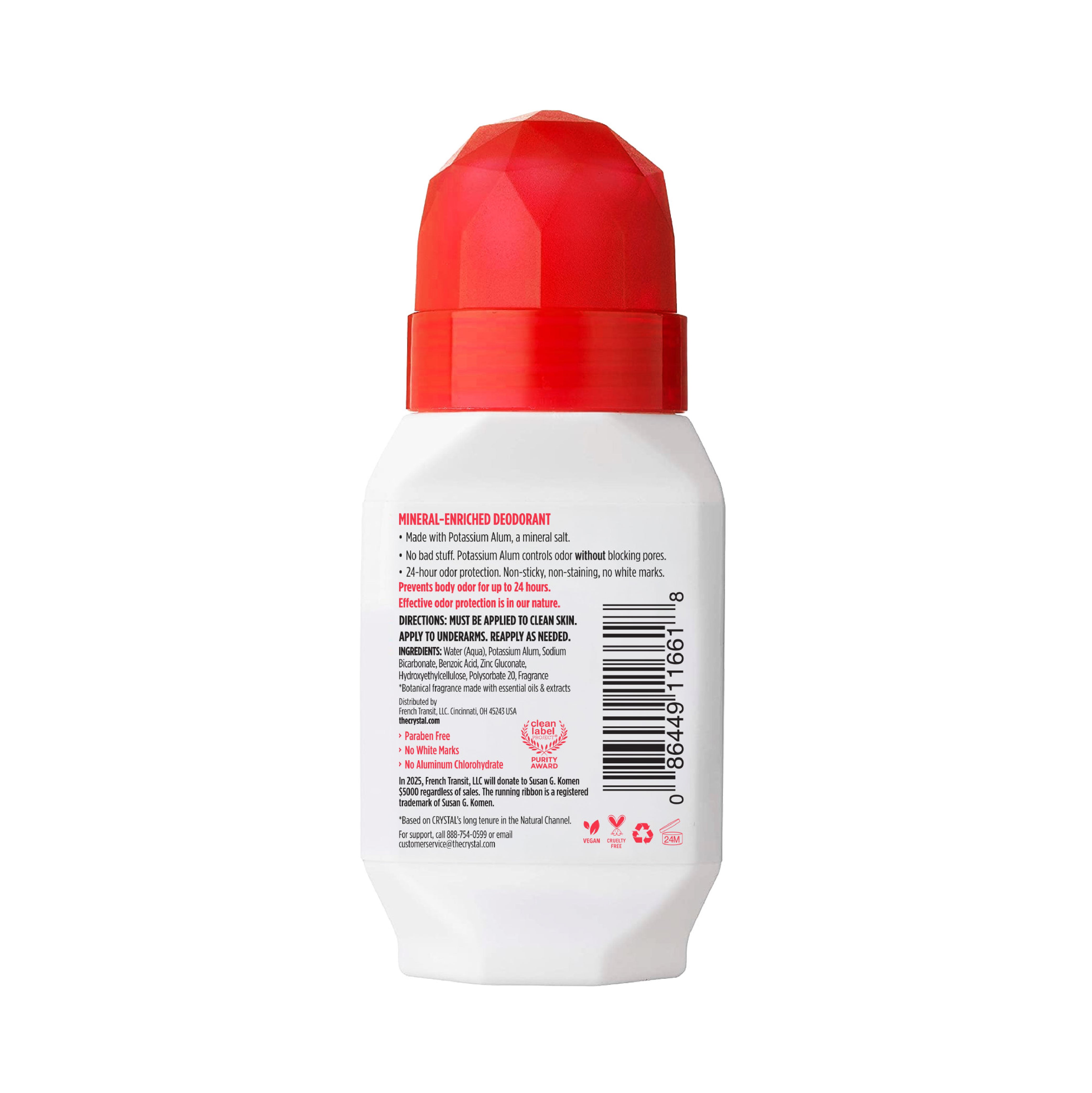 Original Crystal Pomegranate roll-on back label, UPC 086449116618, with ingredients and directions