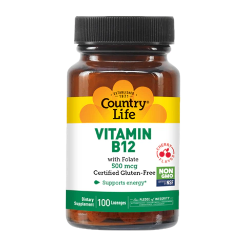 Country Life - Vitamin B12 w Folate 500 mcg Cherry - 100 Lozenges