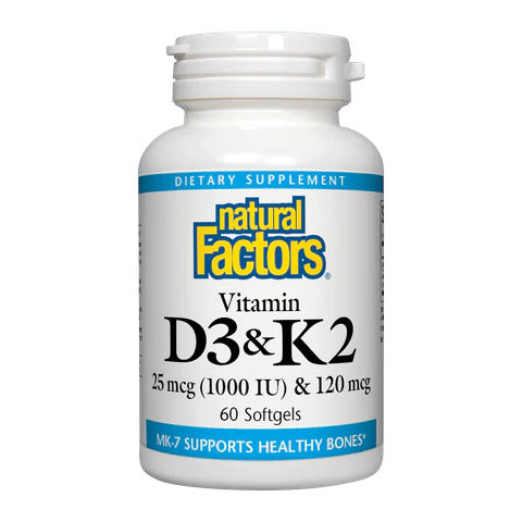 Natural Factors - D3 & K2 1000 IU & 120 mcg - 60 Softgels