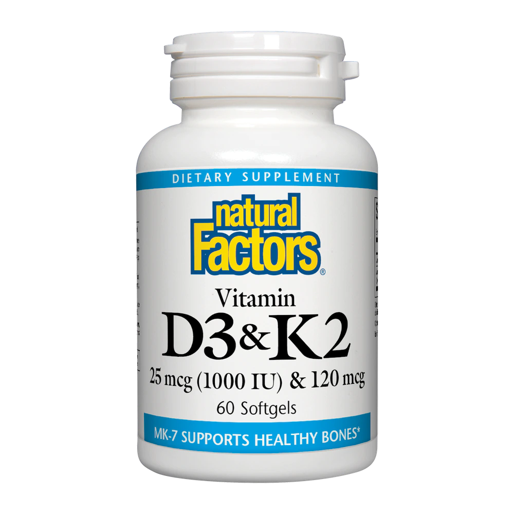 Natural Factors - D3 & K2 1000 IU & 120 mcg - 60 Softgels
